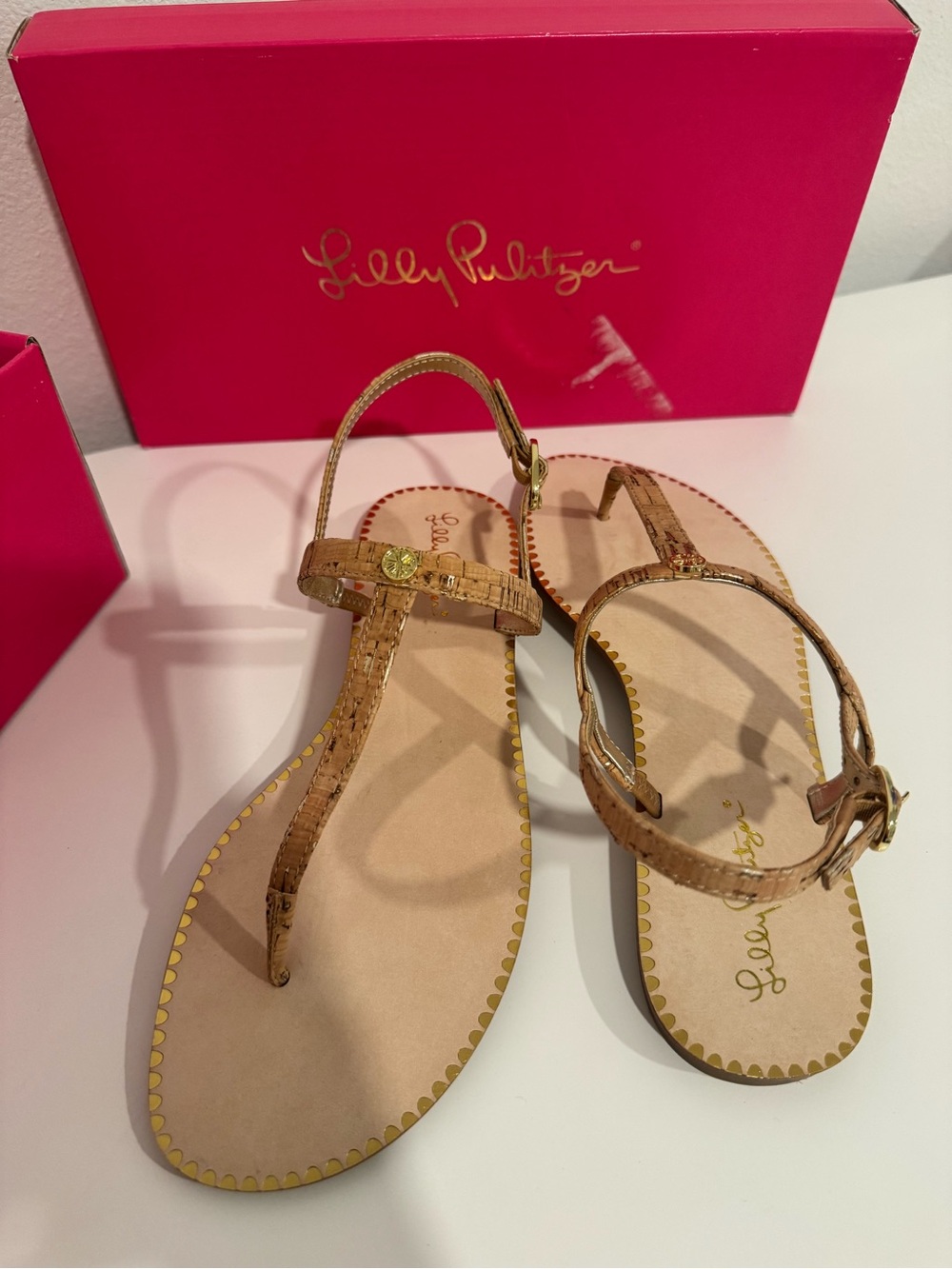🌸Lilly Pulitzer Rita Sandal Natural Gold Cork T-Strap Size 9M NEW IN BOX $148